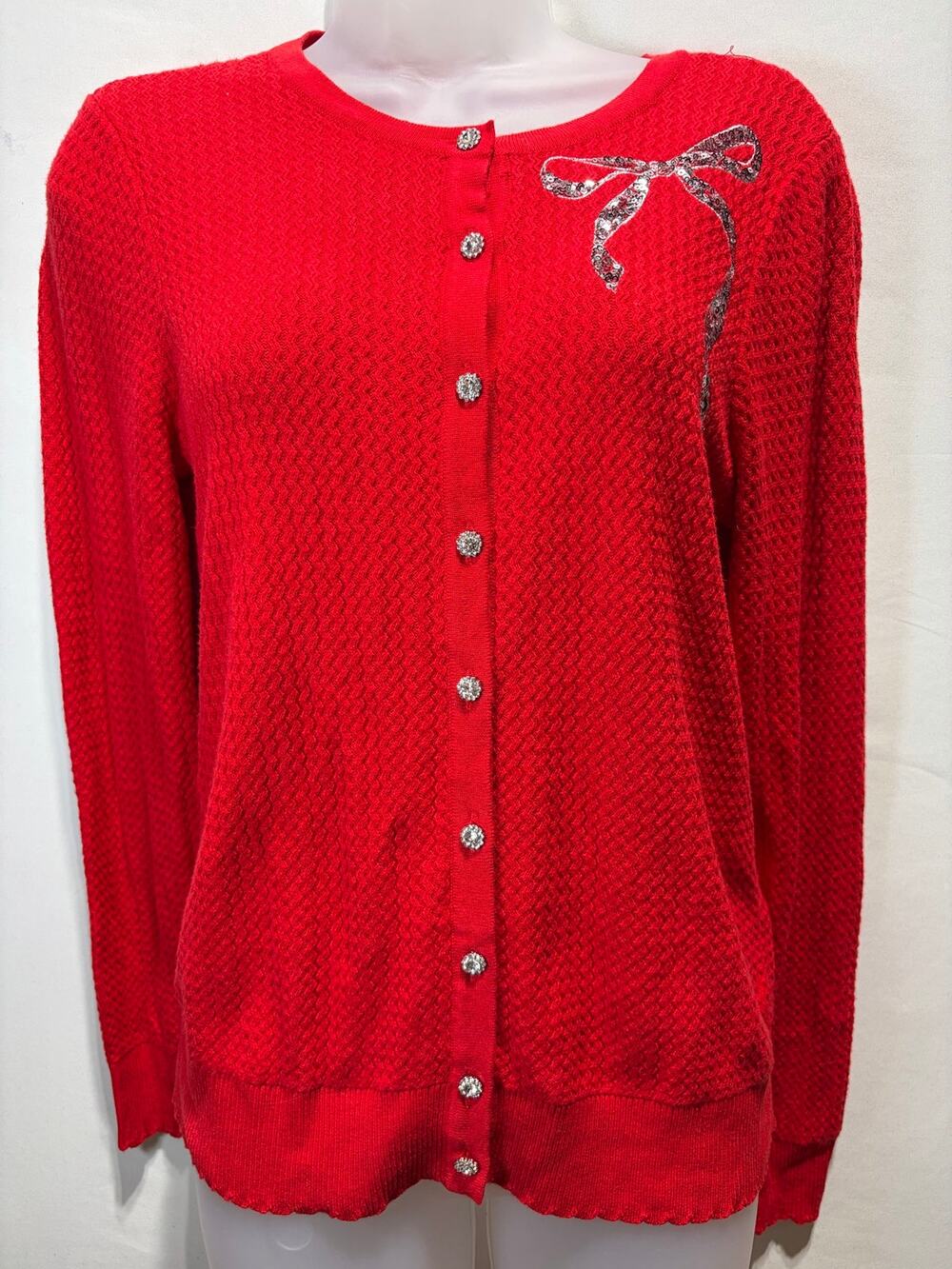Charter Club Red Cardigan with Sequined Bow. Size Small. EUC